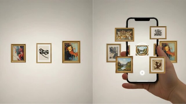 Woman using augmented reality app on smartphone to preview wall art decor options. Digital interface overlay shows various picture frame styles for home interior.