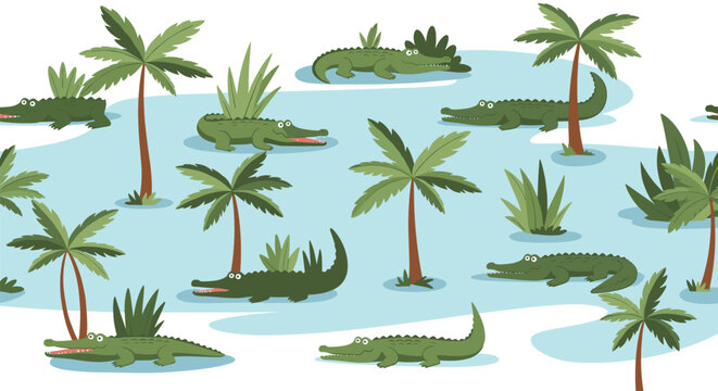 Fun seamless pattern illustration featuring many green crocodiles swimming in a blue river among tropical palm trees and aquatic plants.