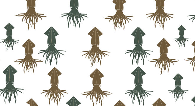 Nature inspired seamless pattern showing several brown and green squids floating on a white background in a vintage illustration style.