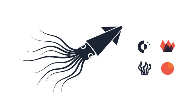 Black silhouette of a squid with tentacles extended accompanied by several colorful abstract icons and a pie chart on the right.