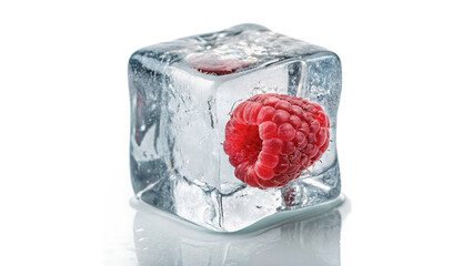 Single fresh raspberry berry frozen inside a clear solid ice cube isolated on transparent background © Olga