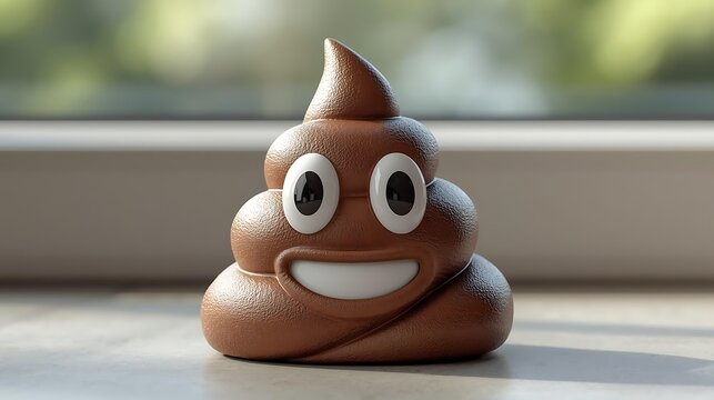 Cute brown happy smiling poop cartoon toy figure sitting close up view