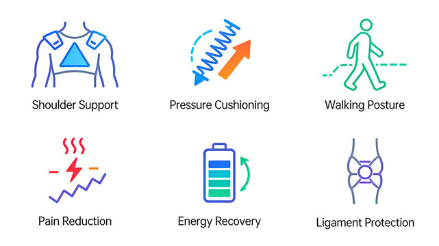 Shoulder support, cushioning springs, walking figures and ligament icons, shoulder and knee support for pain reduction and recovery, sports protective equipment and posture correction products.
