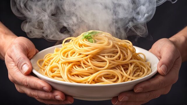Chef holding plate of steaming spaghetti pasta with basil garnish. Traditional Italian cuisine presentation. Static close-up shot.