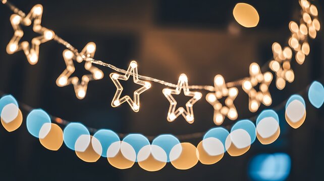 Glowing star string lights with festive bokeh background for holiday celebration