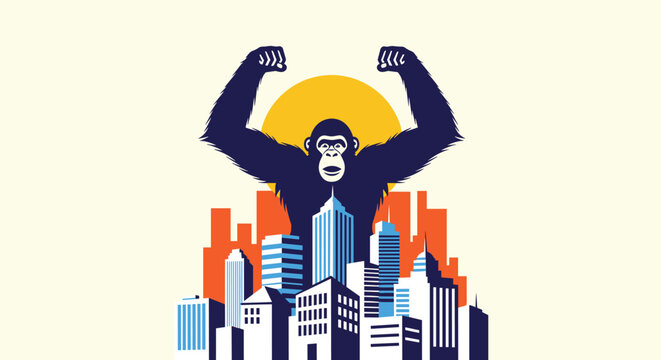 Giant powerful gorilla ape character towering over a modern city skyline with skyscrapers and a large yellow sun in the background.