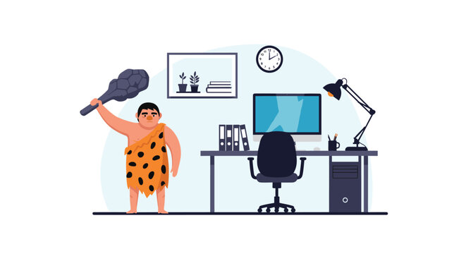 Humorous concept illustration of a caveman holding a large stone club standing in a modern office with a desk computer and chair.