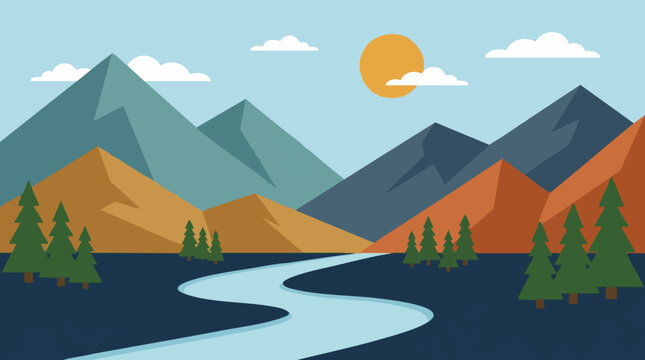 Minimalist flat design mountain landscape with winding river and pine trees