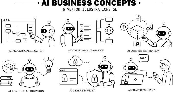 Artificial Intelligence Business Concepts Line Illustration Set
