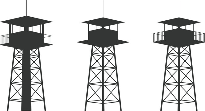 Watchtower silhouette set, observation tower design, security lookout structure, industrial architecture vector, guard post illustration, surveillance tower concept, black isolated design