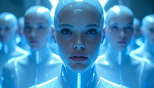 Futuristic robotic beings in unison.