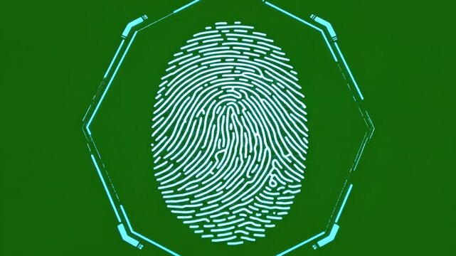 Digital fingerprint scanning animation with futuristic blue light and particles on a dark green background representing identity verification and cybersecurity 4k Video