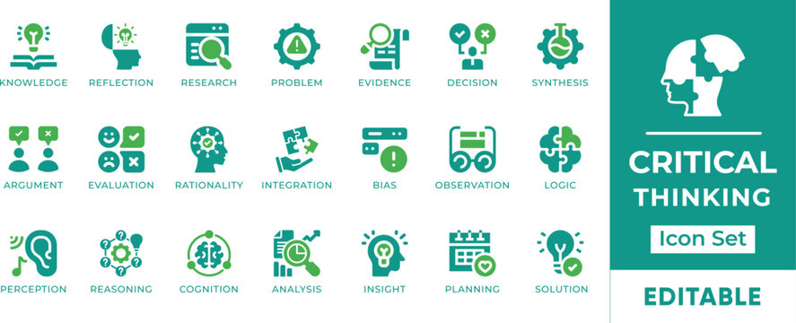 Critical Thinking Logic Reasoning Analysis Cognition Mindset Evaluation Strategy Insight Vector Icon Set
