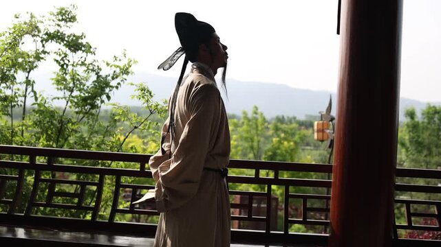 The contemplative silhouette of ancient Chinese literati.