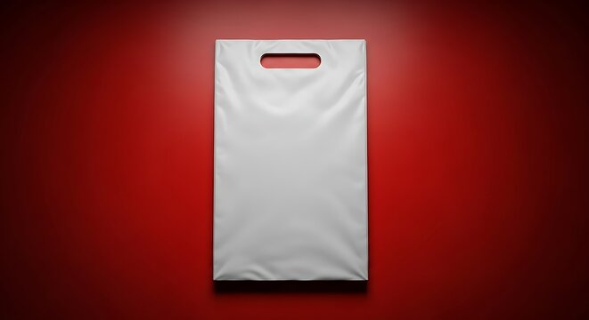 White Plastic Shopping Bag Mockup with Die Cut Handle on Red Background. Blank Poly Mailer for E-commerce Shipping and Retail Packaging Template.