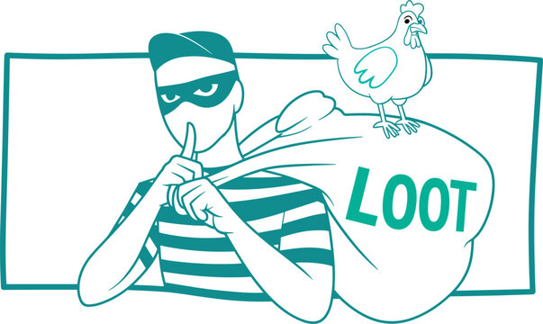 Cartoon thief with loot bag, masked burglar holding finger to lips, chicken on sack, humorous crime concept, secrecy and mischief vector illustration design