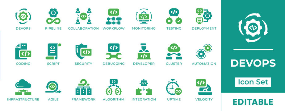 DevOps Software Engineering Pipeline Automation Agile Infrastructure Deployment Uptime Coding Vector Icon Set