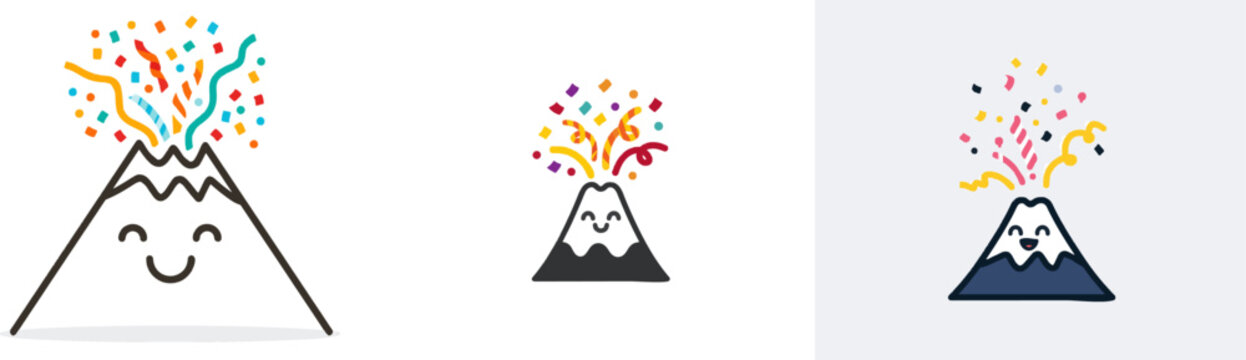 A cheerful volcano illustration erupts with colorful confetti and party streamers, exuding joy and festivity against a stark white background