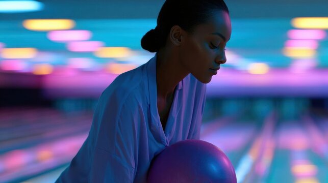 Young woman in a bowling alley, holding a bowling ball. she is wearing a white shirt and her hair is pulled back in a bun. the woman is looking down at the ball with a focused expression on her face.