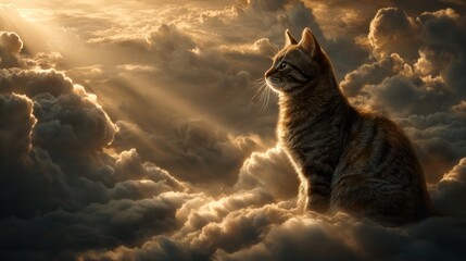 Cat Resting Peacefully Among Heavenly Golden Clouds