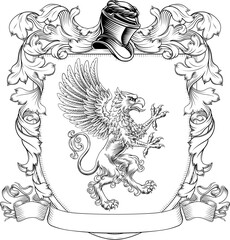 Fototapeta premium A Griffin or Gryphon coat of arms or crest family heraldry medieval heraldic animal knight shield. With helmet and acanthus filigree scroll ornament in a vintage woodcut style.