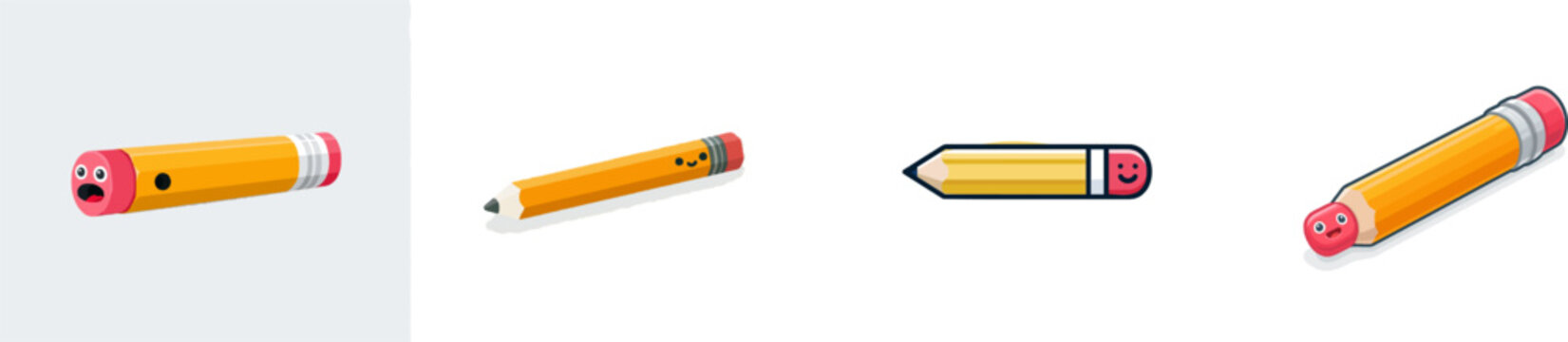 A whimsical, colorful doodle illustration of a long yellow pencil with a pink rubber eraser end featuring a playful stamping face, vibrant cheerful colors, bold clean dark outlines, and cute