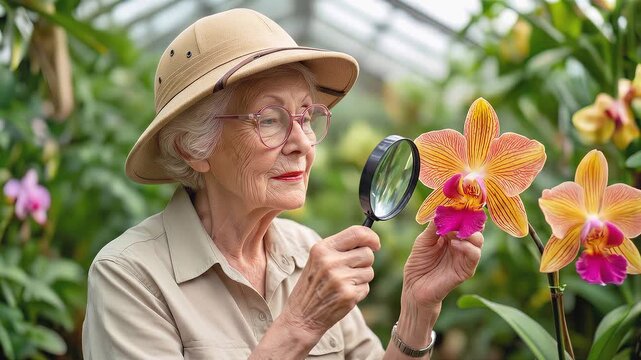 Senior botanist examining orchid flower with magnifying glass in greenhouse. Scientific plant research and horticulture study. Static medium shot.