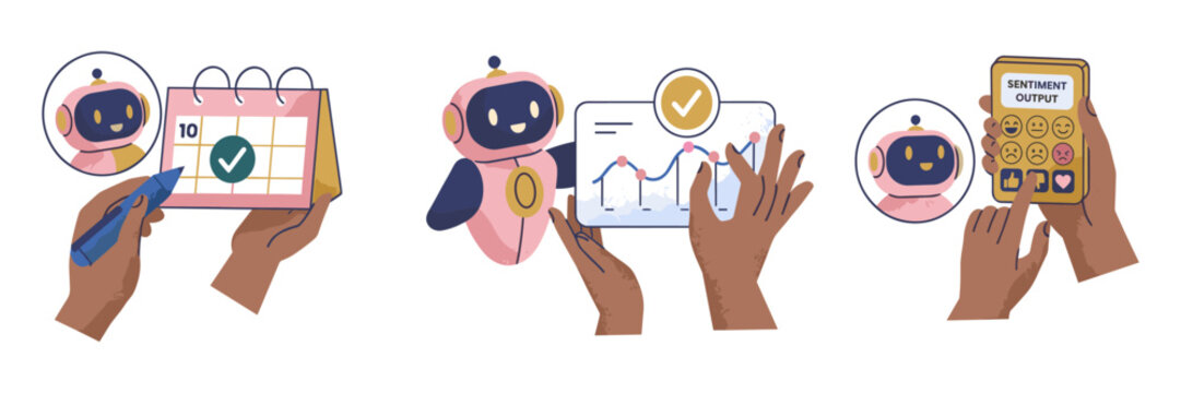 Ai task management and digital scheduling graphic set with management scheduling calendar technology approval productivity organization business planning illustration innovation development