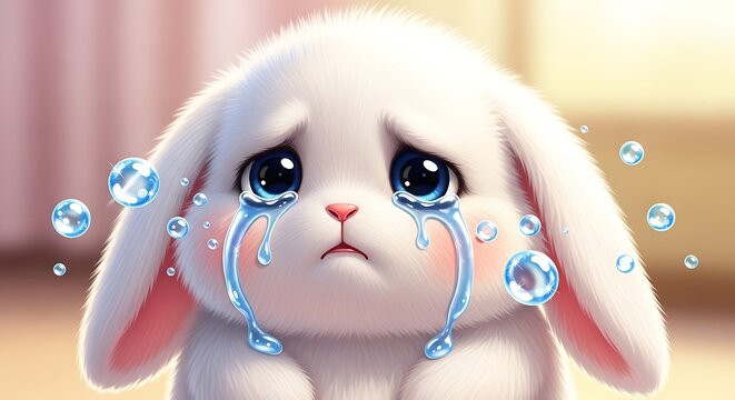 Adorable Crying Bunny with Tears and Sad Expression in Cartoon Style.