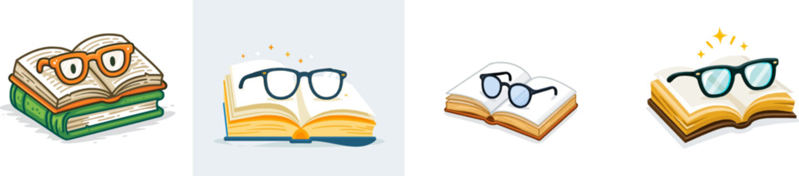 A whimsical doodle illustration of a magic spellbook with glasses reading itself, set against a solid white background