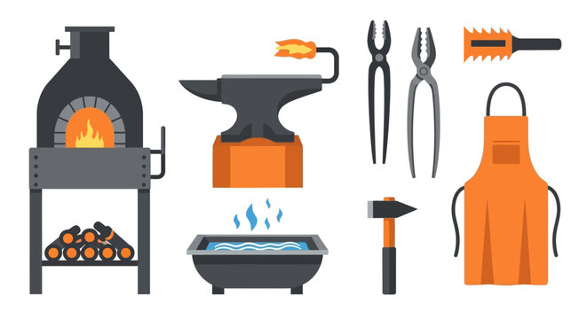 Blacksmith Tools and Forge - Flat Vector Illustration Set