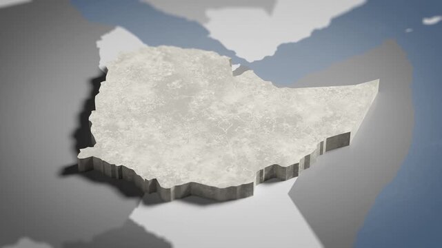 World map animation Birds eye view above Ethiopia, Ethiopian, Addis Ababa, Africa with highlighted country borders. Cinematic 3d world map animation highlights aerial views, 4k Video