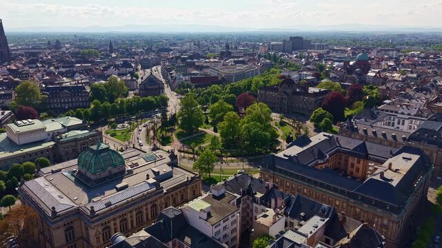 National Theater building and circular garden in Place de la Republique in Neustadt district in Strasbourg, France