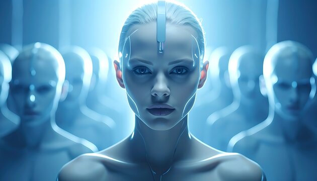 Futuristic robotic woman with blue lighting.