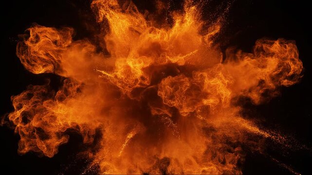 3D fiery orange explosion animation with intense fireburst, glowing embers, and shockwave ex