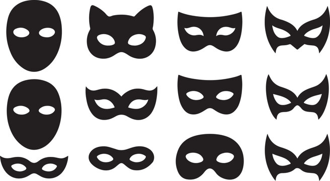 Set of black carnival and superhero masks isolated on white background