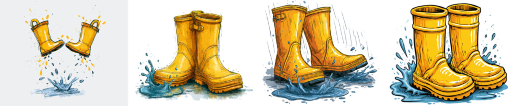 A pair of vibrant yellow rain boots splashes into a tiny blue puddle against a solid white background, creating playful water droplets with bold outlines and cheerful colors
