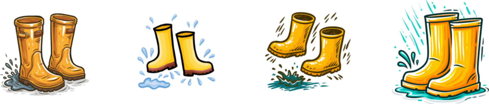 A pair of vibrant yellow rain boots splashes playfully in a tiny blue puddle on a solid white background, showcasing bold outlines and cheerful colors with high contrast for vector tracing