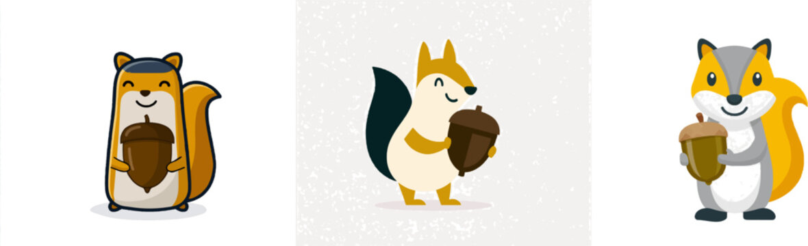 A cheerful forest squirrel illustration holds a large brown acorn in its paws against a solid white background with bold outlines and vibrant colors