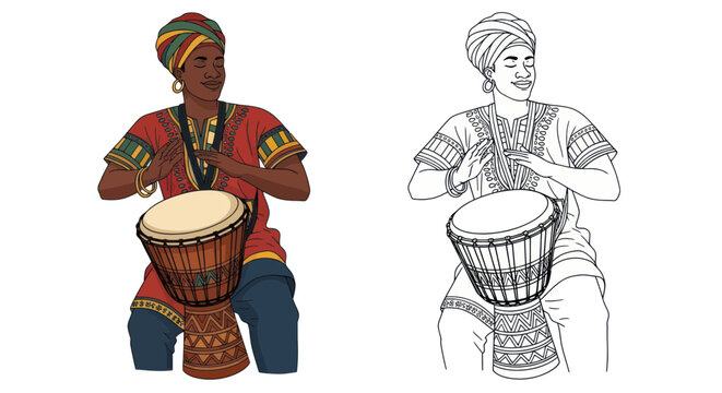 Man playing traditional african djembe drum.