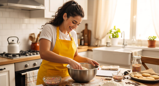 Smiling woman mixing dough in a metal bowl in the kitchen. Female baker in a yellow apron making homemade cookies. Domestic culinary hobby