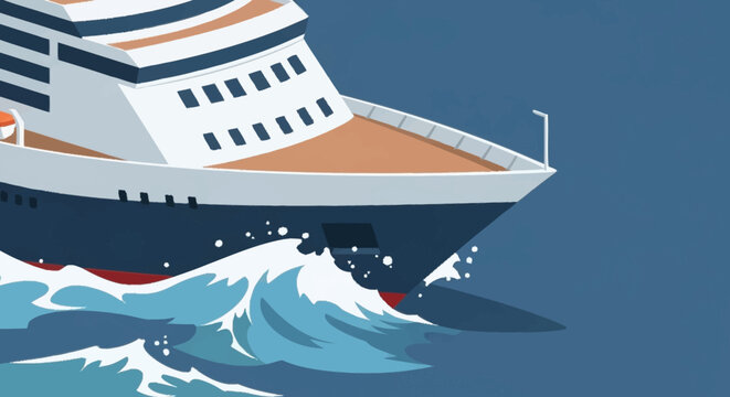 Cruise ship sailing through ocean waves.