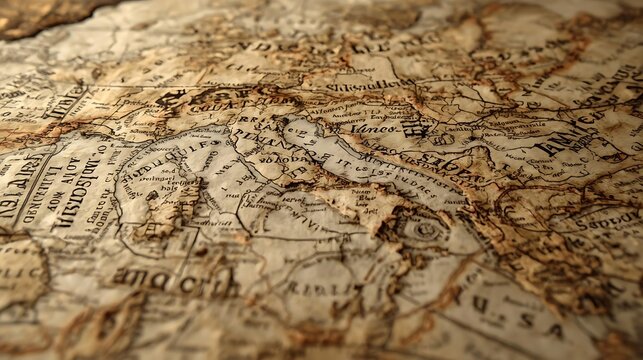 A close up view of an old age worn tan map page with fine lines