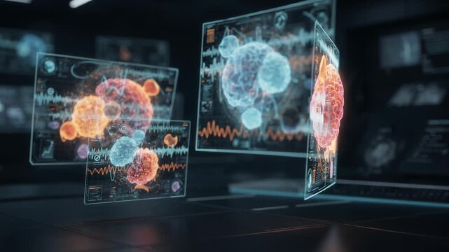 Medium shot focused on digital twin interface showing organic units in upset conditions highlighting alerts and fluctuating data patterns on the 3D model screens