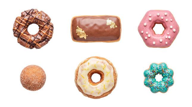 Delicious six colorful donuts with various glazes and toppings, isolated on a transparent background for versatile use.