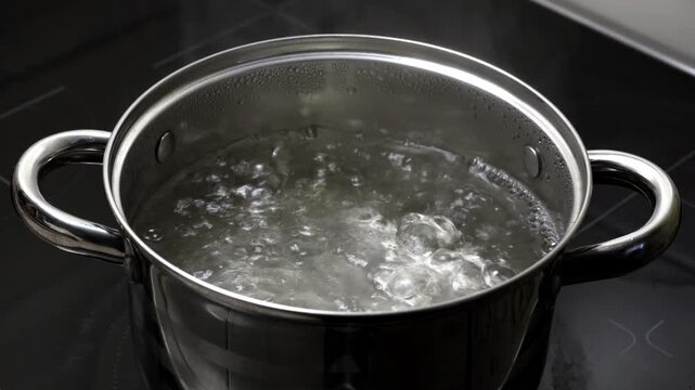 Dumplings are cooked in boiling water. The process of making homemade meat dumplings. Frozen dumplings are dropped into boiling water, stirred, and brought to a boil. Homemade semi-finished products