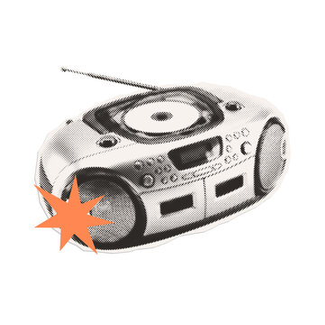 Retro halftone cutout 90s boombox music speaker isolated - vintage paper collage design element.