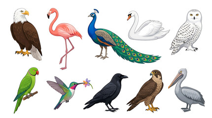 Fototapeta premium Realistic colored bird icon collection featuring elegant wildlife illustrations isolated on white background for creative and educational use.