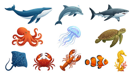 Fototapeta premium Realistic colored marine animal icon collection with vibrant ocean wildlife isolated on white background for aquatic design projects.