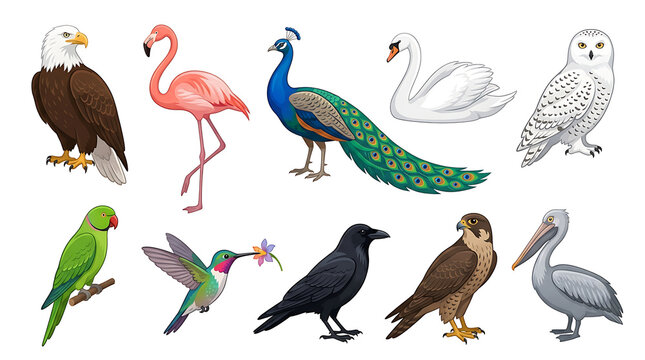 Realistic colored bird icon collection featuring elegant wildlife illustrations isolated on white background for creative and educational use.
